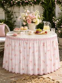 1pc Pink Plaid Print Lace Table Skirt, Fresh Polyester Rectangular Dining Table Apron, Perfect Pleated Tablecloth, Suitable For Camping, Autumn Decor And Party Decoration - Multicolor - View 10
