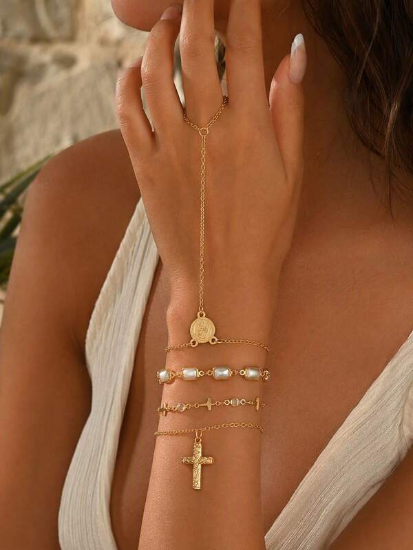 4pcs/Set Vintage Cross Virgin Mary Pendant With Faux Pearl Finger Chain Bracelet Set, Fashionable Personalized Women's Hand Accessory Suitable For Daily Wear, Dating, Vacation And Party