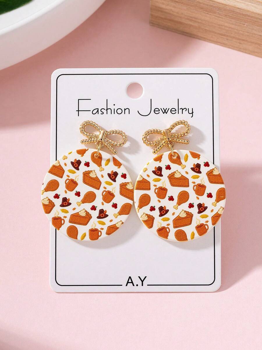 1 Pair Thanksgiving Bow Chicken Leg Pumpkin Pie Earrings, Women's Fashion Jewelry - Multicolor - View 1