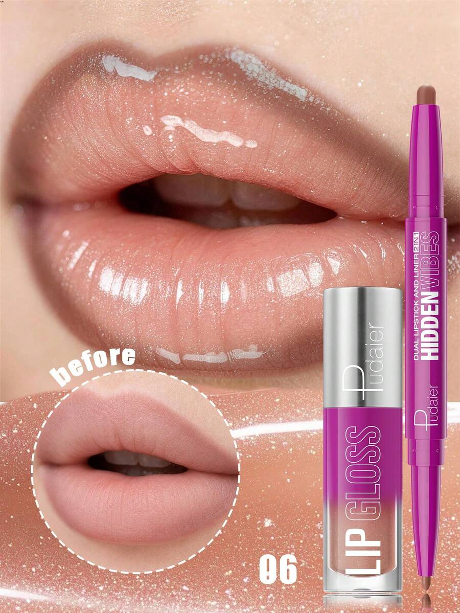 Pudaier 1pc Lip Gloss + 1pc Lip Liner Set, Moisturizing Lip Liner & High Shine Lip Gloss Combination, Waterproof & Smudge-Proof, Defines Lip Shape, Long-Lasting Gloss, Suitable For Girls In Spring/Summer, Perfect For Graduation Party And Daily Makeup - 06 - View 1