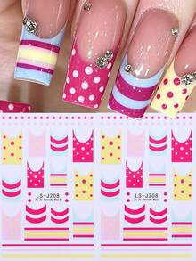 2pcs-Cute Pink Yellow Blue French Tip Nail Stickers, Polka Dot Striped Curved Edge Nail Decals, Sweet Y2K Self-Adhesive Nail Art Stickers For Women Girls DIY Manicure Decorations - Multicolor - View 2
