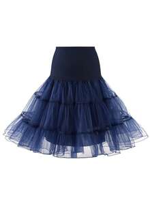 XKTRXF 1pc Elastic Waist Knee-Length Layered Mesh Slip Dress, Vintage Style. Valentine's Day Accessories - Black - View 14