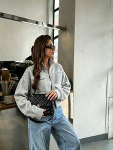 Women's Grey Knit Short Jacket, Stand Collar Zipper Pockets, Long Sleeve Casual Autumn Outerwear - Light Grey - View 2