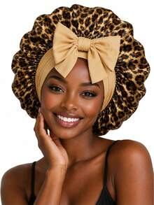 Leopard Print Satin Sleep Bonnet With Bow,Stretch Hair Wrap Cap,Soft Satin Night Hair Protection Bonnet For Natural Curly Hair Women,Back To School - Multicolor - View 7