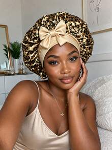 Leopard Print Satin Sleep Bonnet With Bow,Stretch Hair Wrap Cap,Soft Satin Night Hair Protection Bonnet For Natural Curly Hair Women,Back To School - Multicolor - View 3
