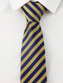 ZLQ&GOU 1pc College Style Yellow & Blue Striped Design Tie, 7cm Polyester Jacquard Men's Necktie, Suitable For Wedding Party Gathering Gift Tie - Multicolor - View 2