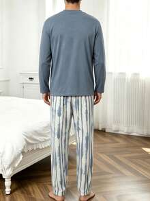 Men's 2 Pieces Pajama Set, Autumn/Winter Crew Neck Letter Print Top & Abstract Striped Print Long Pants, Casual Loungewear - Multicolor - View 2