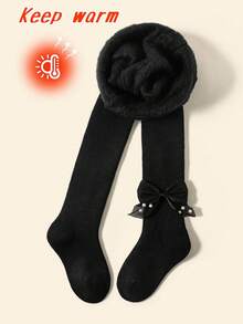 [Autumn/Winter Style]1pc Women/Infant Tights, Black Pearl Bow Decor, Classic White Thin Vertical Stripe Design, Simple Fashion Warm & Breathable, Skin-Friendly Soft Comfortable Casual Thin Fleece Cold-Proof Versatile Footed Socks, Suitable For 0-8 Years Old Autumn/Winter Daily Wear/Travel/Holiday Gifts - Multicolor - View 5