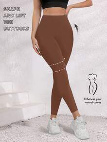 1 pieza Leggings de yoga de cintura alta marrón para mujer - Cintura alta, mezcla elástica de poliéster/spandex, superficie suave, lavable a máquina - Deportes - Marrón - Ver 6