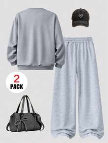 2pcs/Set Pakaian Kasual Remaja Perempuan, Termasuk Kaos Sweatshirt Leher Bulat Bergambar Kucing Kartun + Celana Panjang Lebar, Lembut dan Nyaman, Cocok untuk Dipakai di Musim Gugur/Musim Dingin - MultiWarna - View 3