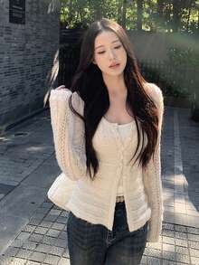 [Y6Y]Women's Hollow Button Knit Cardigan, Long Sleeve Crochet Fitted Knit Jacket, Autumn - Apricot - View 7