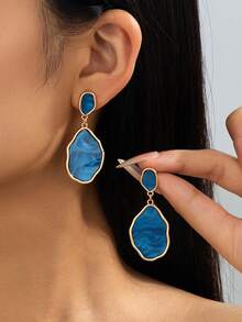 1Pair Irregular Double Layer Marbled Dangle Earrings, Wavy Enamel Hammered Gold Frame Long Drop Earrings - Red - View 13