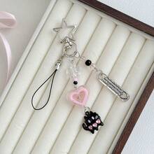 Y2K Black Cat Bag Pendant, Pink Heart Beaded Charm, Cute Kawaii Phone Strap Keychain, Backpack Hanging Accessory, Aesthetic Gift - Multicolor - View 1