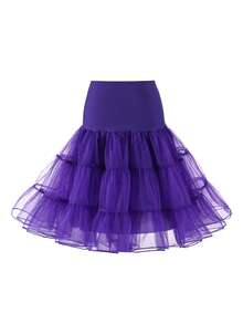 XKTRXF 1pc Elastic Waist Knee-Length Double Layer Mesh Petticoat Vintage Skirt Lining - Violet Purple - View 21
