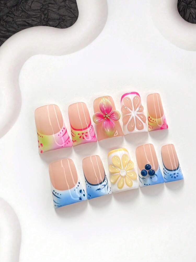 10pcs Island Vacation Style Handmade Press-On Nails, Polygel Nail Art Set, Handmade Floral & Water Drop Patterns, Blue, Yellow And Fuchsia Nail Polish, Casual Style, Includes Nail Tools, 3 Sizes Available, Almond, Duck, Coffin Shape, Suitable For Party, Dancing, Daily Wear - Multicolor - View 2