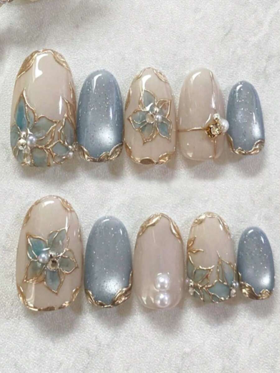10片裝貓眼壓克力穿戴甲,中長杏仁形,3D金色邊框花卉設計鑲鑽,時尚Y2K風格,亮面全覆蓋假指甲,適合女性與女孩日常佩戴 - 彩色 - 查看 1