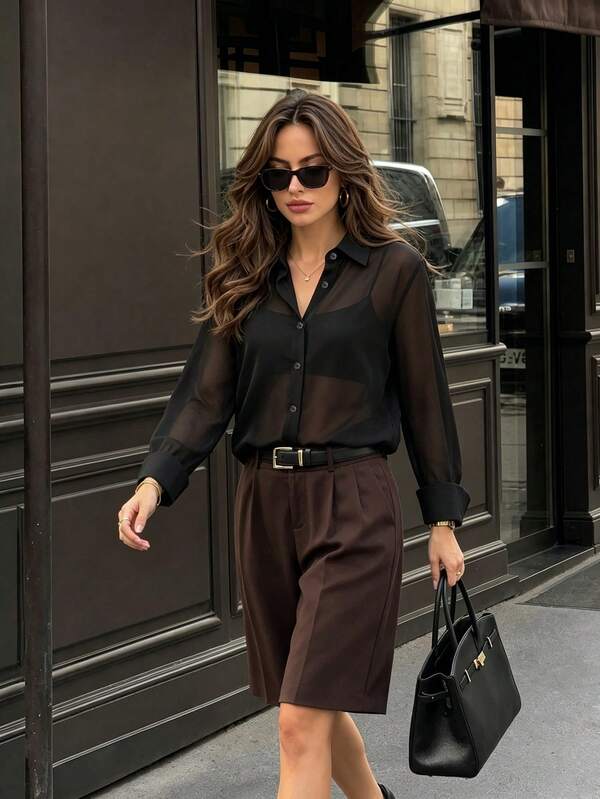 Blusa de manga larga transparente de unicolor para mujer ELVA, de estilo minimalista, ajuste regular, sin estiramiento, camisa elegante semitransparente con cuello, bajo regular, tela ligera y manga estándar, color negro para verano