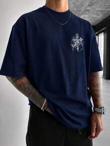 HAFIME Men's Gothic Cross Streetwear Casual Cotton T-Shirt Short Sleeve Back Print - 藏蓝色 - 查看 3