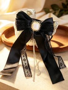 1pc Women's Black Peacock Embroidered Lace Satin Small Flower Bow Rhinestone Chain Oversized Lace Square Pearl Headband, Elegant For Daily, Party, Performance, Vacation - Multicolor - View 6