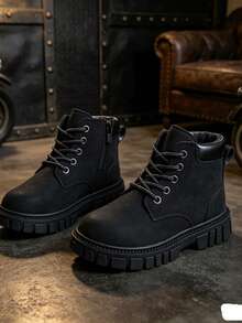 1 Pair Kids Motorcycle Style Boots, Soft PU Round Toe Rubber Sole With Inner Zipper Design, Street Outdoor Short Boots, Suitable For Daily School And Vacation, Autumn/Winter New Style - Black - View 3