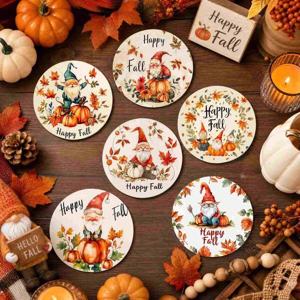 6pcs/Set Or 420pcs/70sets Autumn Series Pumpkin Elf Pattern Printed Beverage Coasters, 10cm/2mm Thick Rubber Soft Bottom Round Absorbent Rubber Beverage Coasters, Soft Rubber Backing, Decorative Coasters, Suitable For Cups, Home Kitchen Dining Table Decor Mats, Decorative Coasters, Kitchen Decor, Dining Table Decor