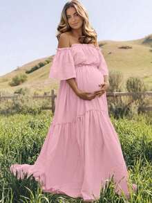 Maternity Off-Shoulder Layered Short Sleeve Crepe Fabric Slight Stretch Dress, Ruffle Hem Train Skirt Fall - Baby Pink - View 1