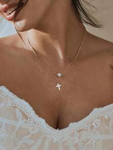 2pcs Set Elegant Minimalist Pearl Cross Pendant Layered Necklace, Double Thin Chain Choker Necklace, Women's Fashion Wedding Birthday Daily Religious Jewelry - Gold - View 5