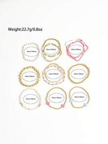 Juego de 13 pulseras elásticas con cuentas en forma de cruz y bloques de color dopamina para mujer, estilo francés suave, con perlas falsas, multicapa y apilables - Dorado - Ver 6