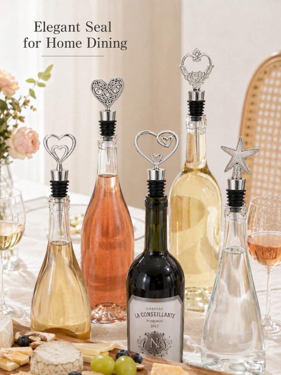 2pcs/5 Styles Decorative Wine Bottle Stoppers, Elegant Heart & Star Design, Suitable For Beverage Bottles, Home Dining, Birthday Parties & Gatherings - Multicolor - View 1