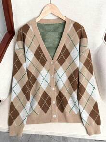 Casual V-Neck Retro Argyle Knit Cardigan - Mocha Brown - View 6