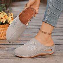 Embroidered Floral Closed-Toe Mule Slippers, Soft Sole Comfortable Slouchy Shoes, Versatile For Daily Commute - Grey - View 12