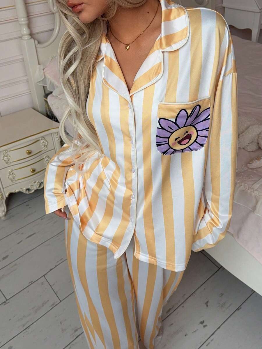 2件組女款休閒條紋可愛印花長袖上衣 + 鬆緊直筒長褲居家服套裝 - 黃色 - 查看 1