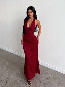 Women's Halter Neck Backless Tie Waist Evening Dress, Summer, Back To School, Evening Party, Wedding, Date Night - Burgundy - View 3