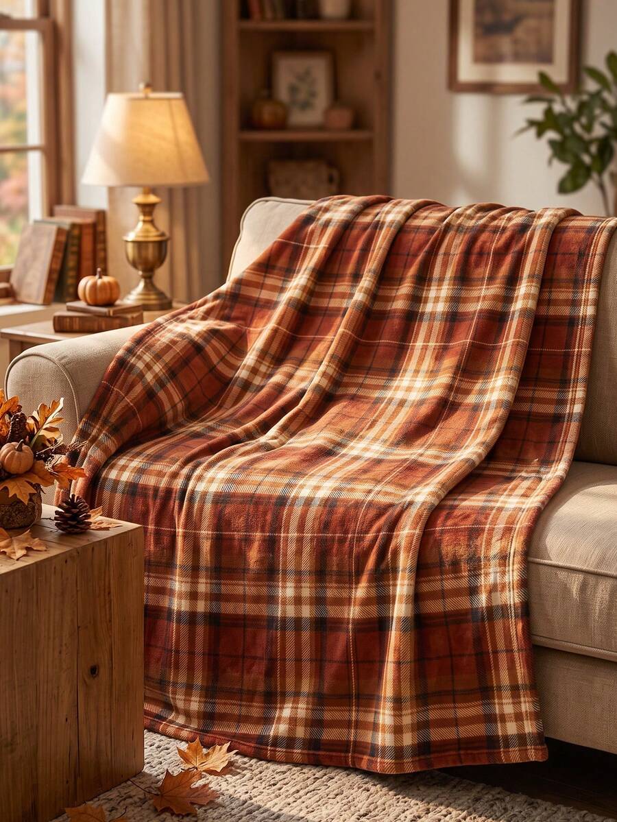 1pc Autumn Plaid Flannel Blanket, Single-Sided Print, Soft & Lightweight, Cartoon Pattern, Comfortable & Easy To Care, Multi-Purpose Blanket For Bedroom, Sofa, Study And Dorm, Room Decor, Autumn Home Decor, Ideal Autumn Gift, Perfect Birthday Gift