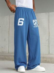 Men's Printed Casual Sweatpants, Loose Straight Leg Sports Pants, Streetwear Letter Design, Comfortable Versatile Slimming Long Pants - Blue - View 9
