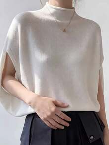 Cream White Semi-High Neck Fuzzy Knit Vest, Loose Drop Shoulder Silhouette + Ribbed Hem, Soft Skin-Friendly Spring/Autumn Layering Versatile Sleeveless Top - White - View 2