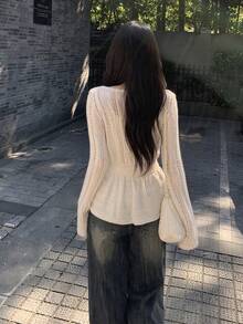 [Y6Y]Women's Hollow Button Knit Cardigan, Long Sleeve Crochet Fitted Knit Jacket, Autumn - Apricot - View 2
