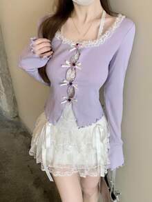 Women's Ribbed Knit Long Sleeve Top With Contrast Lace Trim And Bow Detail, Purple Round Neck Bell Sleeve Sweater - Lilac Purple - View 8