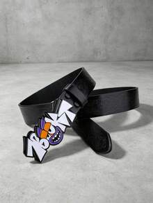 1pc New Halloween Street Graffiti Cartoon Letter Buckle Decor Belt, Floral Print Black PU Leather Belt, Unisex - Black - View 3