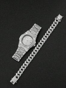 Men's Hip Hop Full Rhinestone Square Dial Calendar Quartz Watch + Hip Hop Full Rhinestone Bracelet, Boyfriend Gift (2pcs/Set) Watch Box Not Included - Silver - View 4