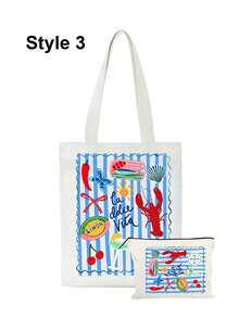White Canvas Shoulder Bag And Makeup Bag Set With Striped Lobster Pattern, Casual Cute Handbag For Women And Girls Daily Commute, Shopping, Travel, Multi-Functional Cosmetic Storage Bag, Portable Toiletry Bag, Perfect Gift For Friends, Moms, Teens, Back To School, Independence Day, Birthday, Teacher's Day - Multicolor - View 14