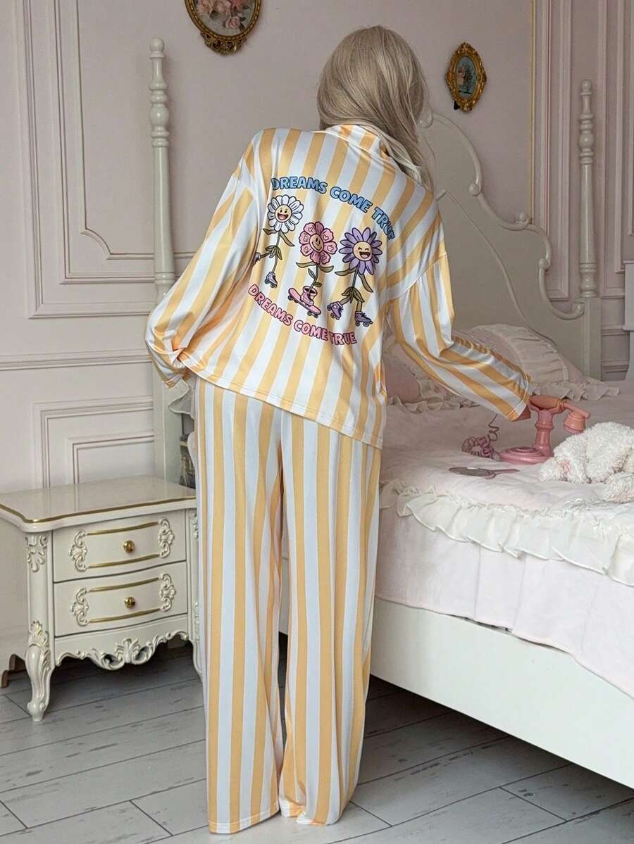2pcs Women Casual Striped Cute Print Long Sleeve Top + Elastic Straight Leg Pants Loungewear Set - Yellow - View 1