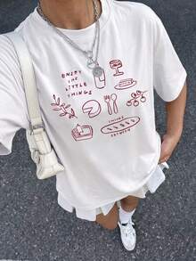 大尺碼女款日常食物素描印花圓領短袖休閒春夏秋季T恤上衣，白色，適合夏季度假 - 白色 - 查看 1