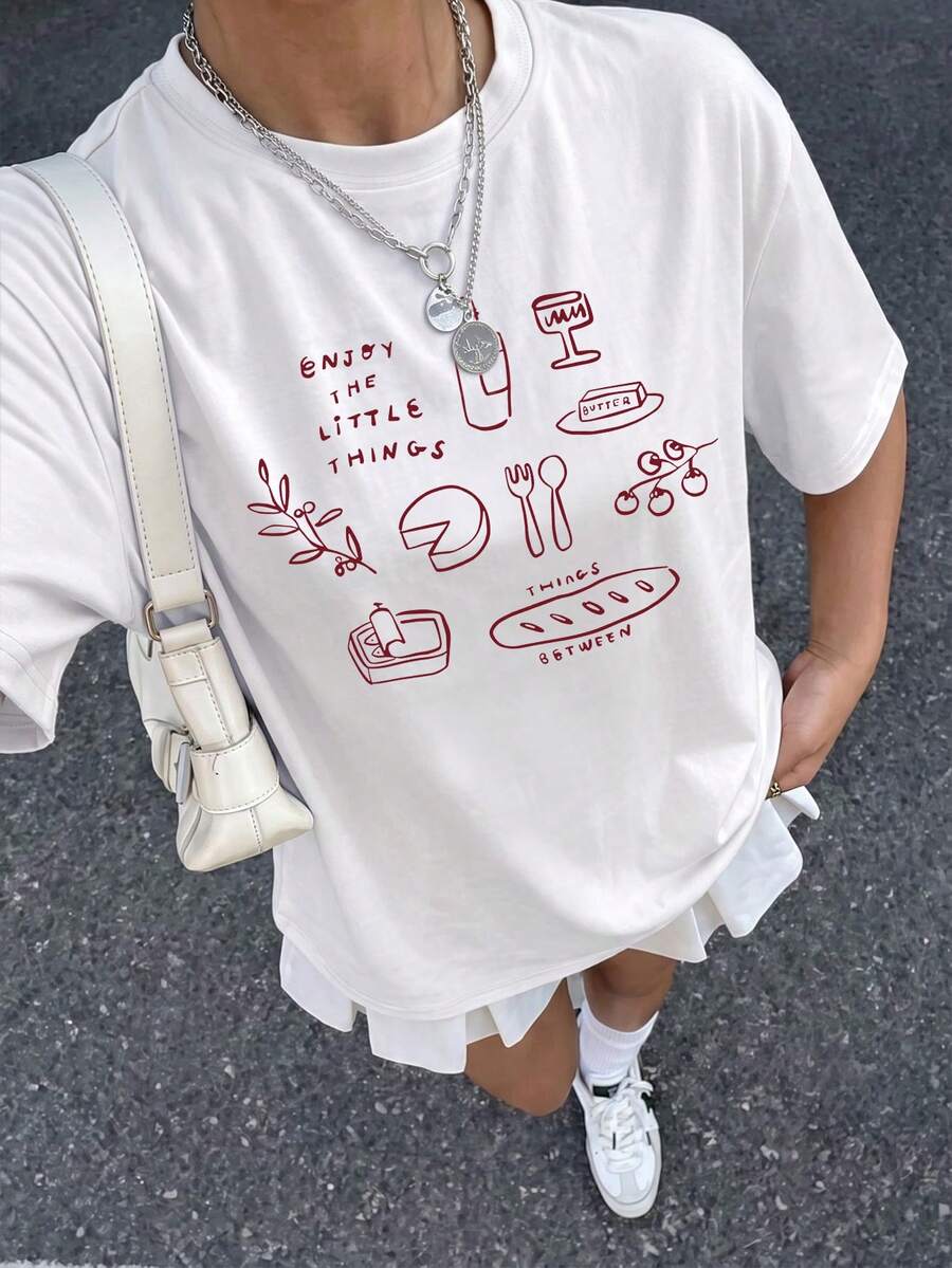 大尺碼女款日常食物素描印花圓領短袖休閒春夏秋季T恤上衣,白色,適合夏季度假 - 白色 - 查看 1