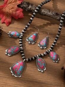 European & American Bohemian Vintage Exotic Style Colorful Turquoise Necklace & Teardrop Earrings Jewelry Set, Suitable For Outfit Matching, Daily Wear, Holiday Occasions - Pink - View 5