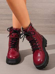 Women's Red Punk Studded Ankle Boots, Thick Sole Lace-Up Buckle Workwear Motorcycle Boots, Autumn/Winter - Burgundy - View 6