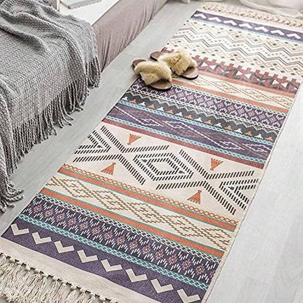 Entemah Alfombra de Baño a Rayas con Borla de 60 x 180 cm, Alfombra de Algodón Tejida a Mano, Ligera Alfombra de Cocina Tejida de Algodón con Borlas, Alfombra Bohemia para Corredor Tejida a Mano