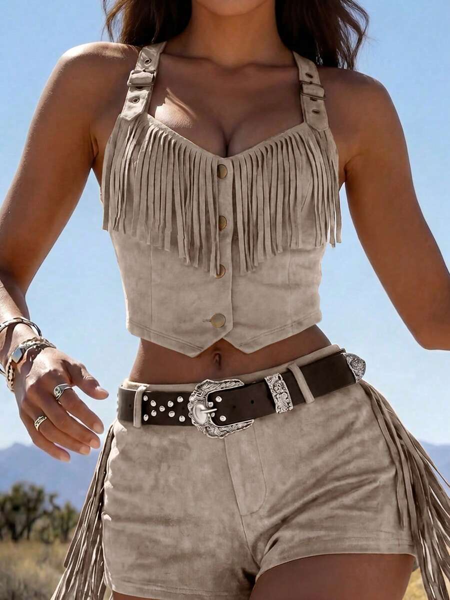 女款卡其色美拉德風西式波希米亞流蘇掛脖鈕扣前襟無袖短版上衣,適合返校季、鄉村音樂會、夏季與秋季世界盃 - 卡其色 - 查看 1