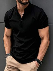 Men's Summer Casual Fashion Versatile Minimalist Solid Color Polo Neck T-Shirt - Black - View 1