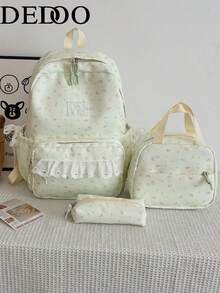 Dedoo 3pcs Backpack, Lunch Bag, Pencil Case Set, All-Over Floral Print, Waterproof Lace Trim Multi-Zipper Pockets, Large Capacity Storage, Suitable For Teenagers School Daily Use - Mint Green - View 2